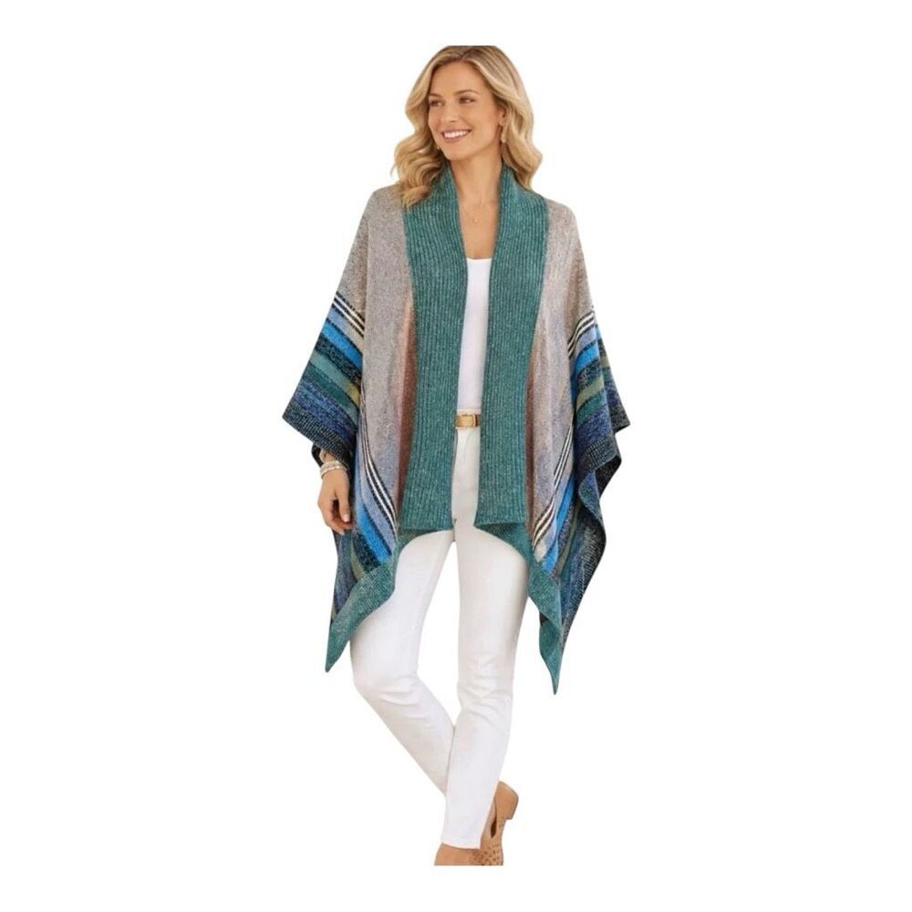 Cabi Windchill Kimono Poncho Wrap Cape Shawl multi color Striped Knit Size XS S
